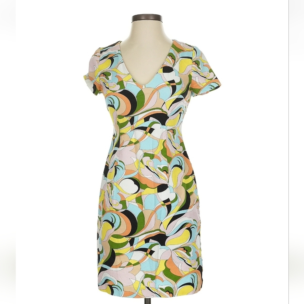 Boston Proper Colorful Abstract Geometric Print Short Sleeve Dress Sz 2